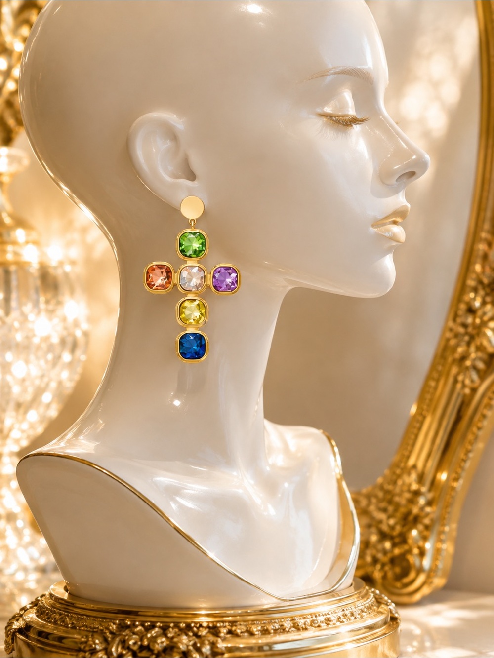 Gold-Tone Multicolor Cross Drop Earrings